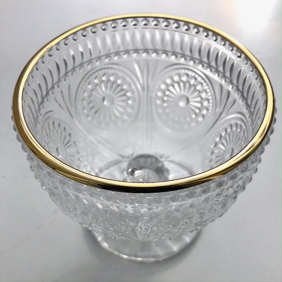 Clear Glass Footed Dessert Bowl Flower Embossed Trifle Ice Cream Bowl gold rim - Picture 5 of 9